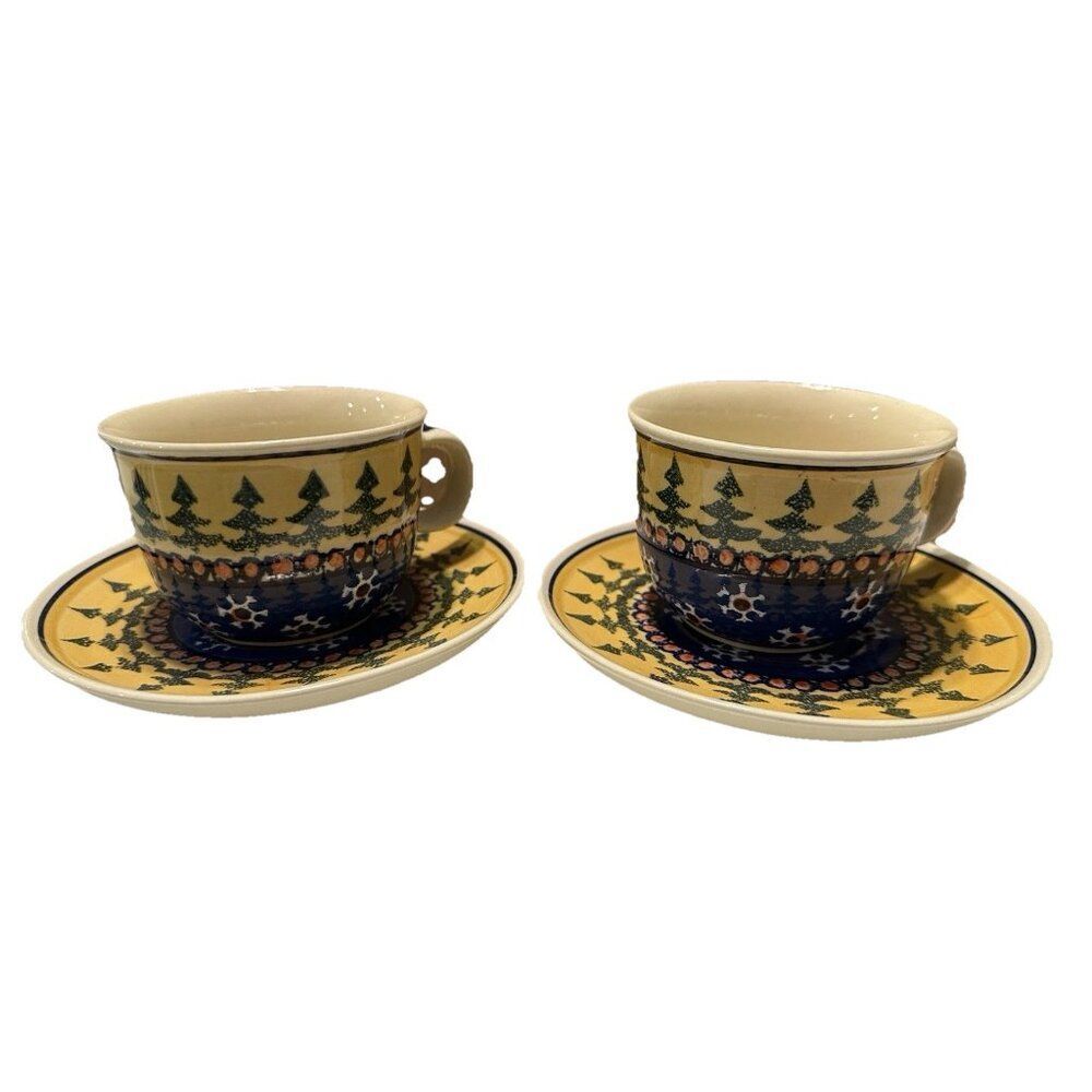2 Boleslawiec polish Art pottery  Tea Coffee Cup Mug Christmas  Tree Snow Flake